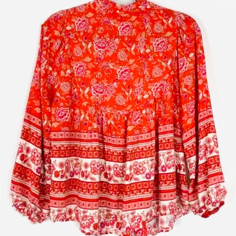 Bohemian Outsider Coral Red Floral Border Print Blouse - Picture 2 of 10